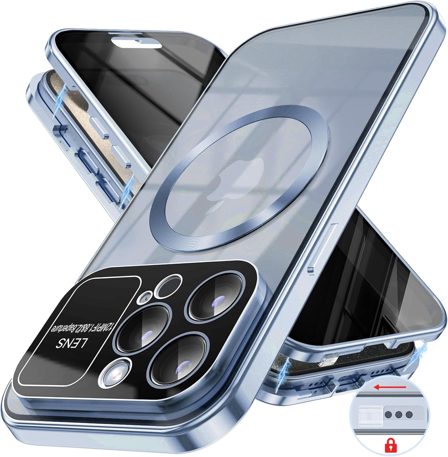 Magnetic Privacy Case for iPhone 14 Pro Max with Full Camera Lens Protector [Safety Buckle Lock] [Compatible with MagSafe] Anti Peep Privacy Screen Protector Double Sided Glass Mag-Safe Phone Case